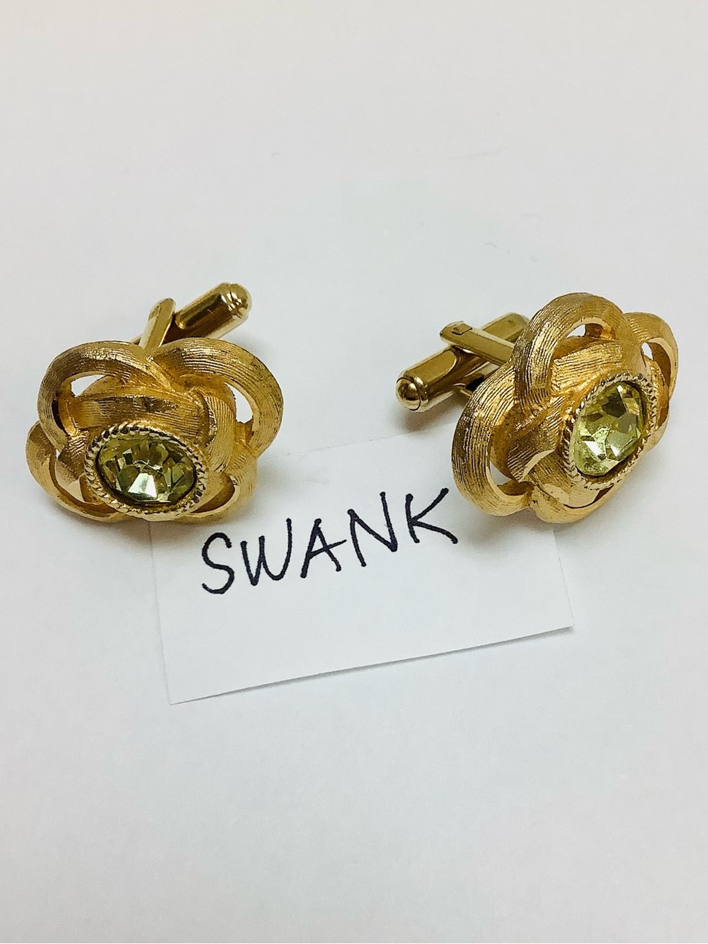 SWANK Vintage MCM Gold-Tone Knot Cufflinks with Light Green Crystal Centers